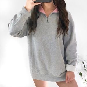 Light gray with pink collar quarter zip sweater